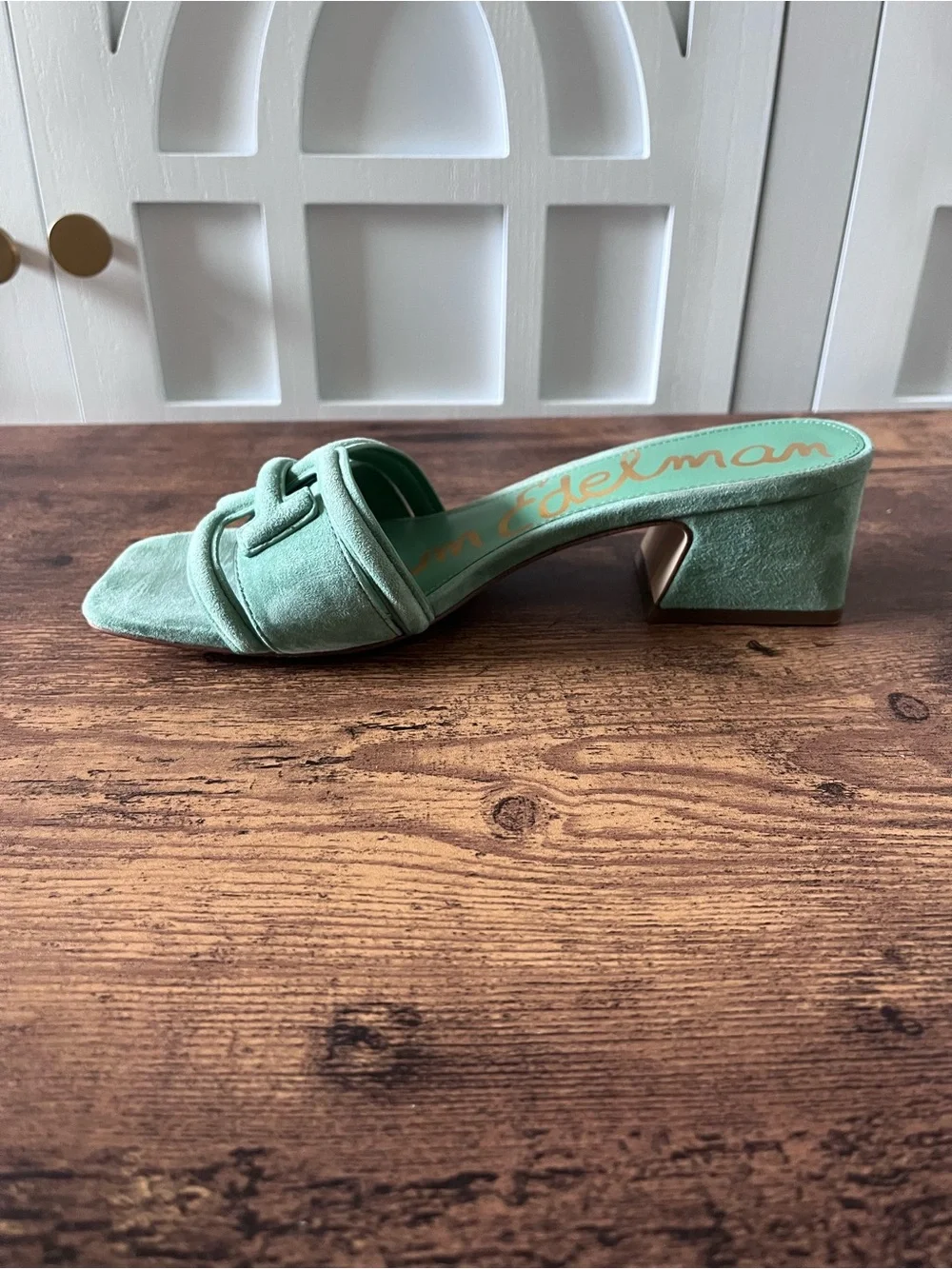 Sam Edelman 7.5 Waylon Garden Green Suede Block Heel Mules Slides Sandals - Picture 8 of 10
